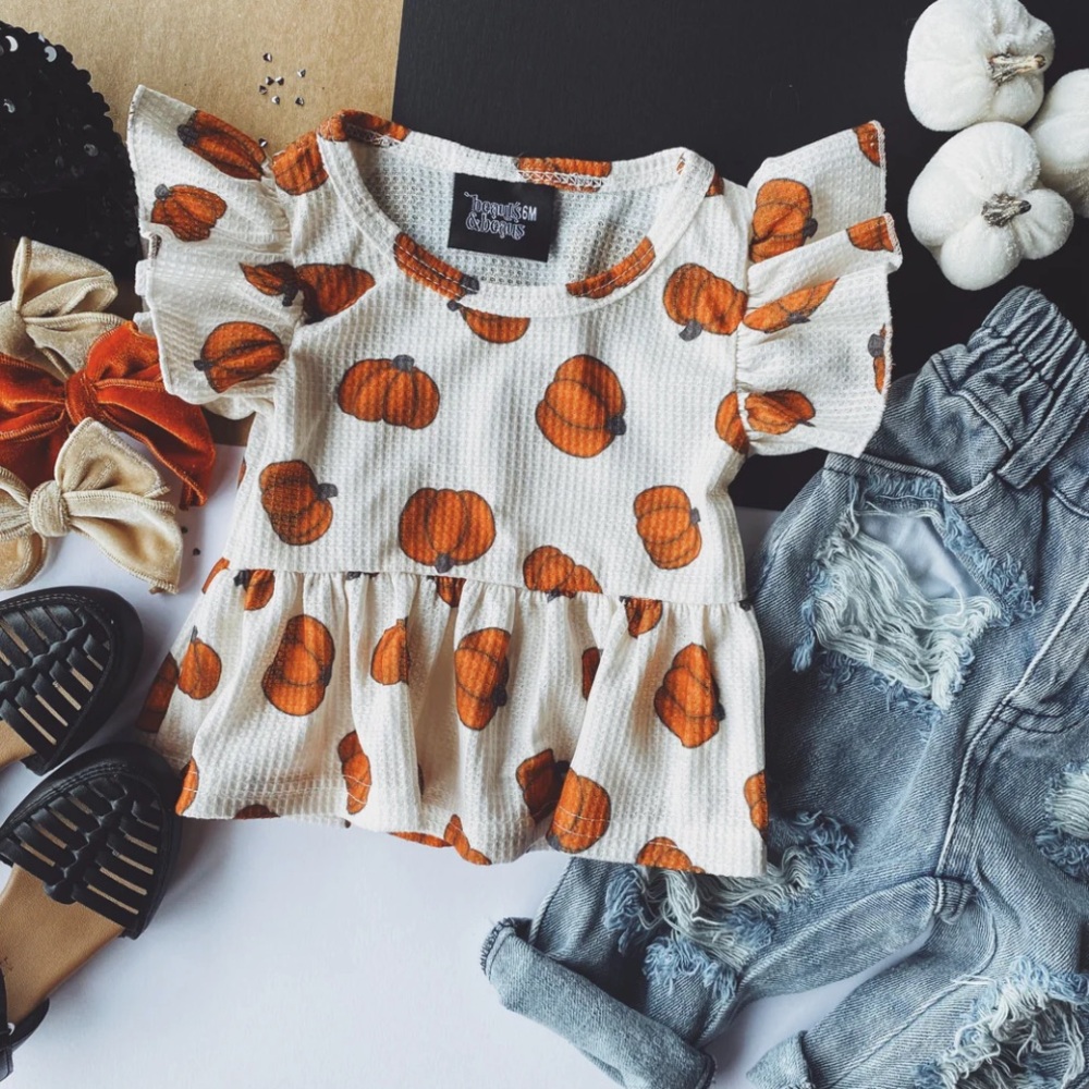 Beauts & Beaus 6M PUMPKIN WAFFLE RUFFLE TOP